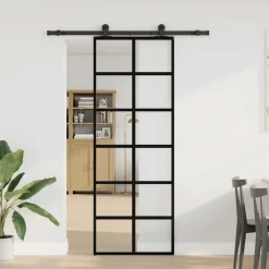 vidaXL Materiales De Construcción-Puerta corredera con set herrajes vidrio ESG aluminio 76x205 cm