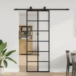vidaXL Materiales De Construcción-Puerta corredera con juego herrajes negro 76x205 cm ESG vidrio