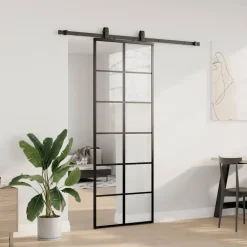 vidaXL Materiales De Construcción-Puerta corredera con juego herrajes negro 76x205 cm ESG vidrio