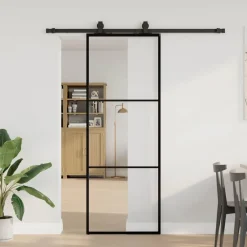 vidaXL Materiales De Construcción-Puerta corredera con juego herrajes negro 76x205 cm ESG vidrio