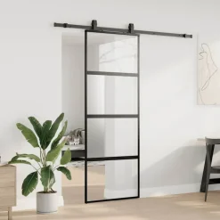 vidaXL Puerta corredera con herrajes negro 76x205 cm vidrio templado Negro y mate Best