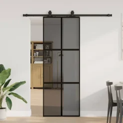 vidaXL Puerta corredera con herrajes negro 76x205 cm vidrio templado Negro y transparente oscuro Outlet