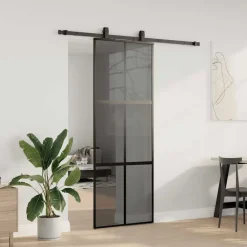 vidaXL Puerta corredera con herrajes negro 76x205 cm vidrio templado Negro y transparente oscuro Outlet