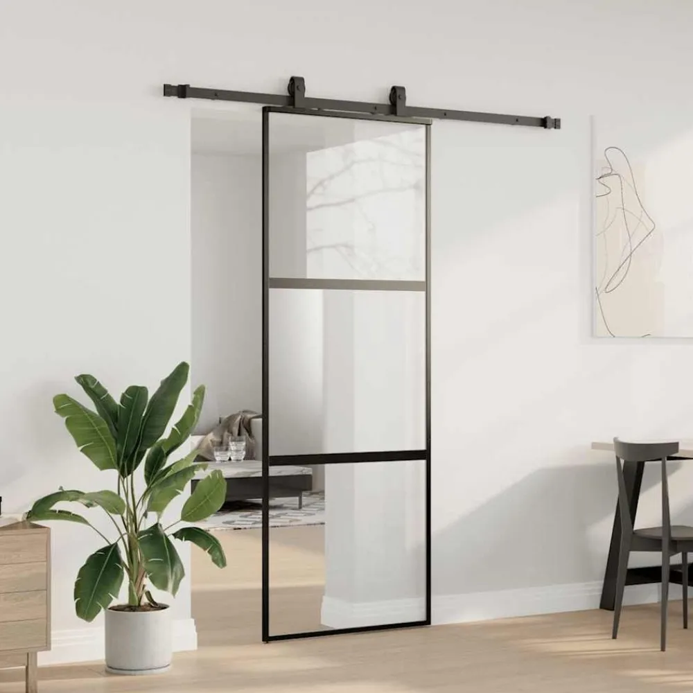 vidaXL Materiales De Construcción-Puerta corredera con herrajes negro 76x205 cm vidrio templado