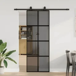 vidaXL Puerta corredera con herrajes negro 76x205 cm vidrio templado Negro y transparente oscuro Hot