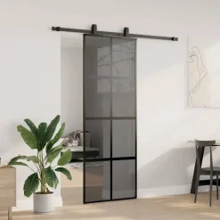 vidaXL Puerta corredera con herrajes negro 76x205 cm vidrio templado Negro y transparente oscuro Hot