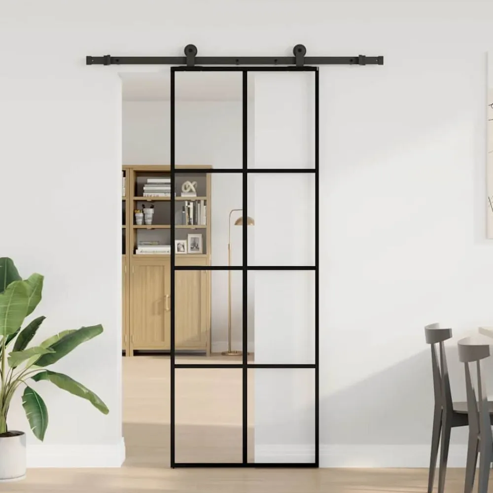 vidaXL Materiales De Construcción-Puerta corredera con set herrajes vidrio ESG aluminio 76x205 cm