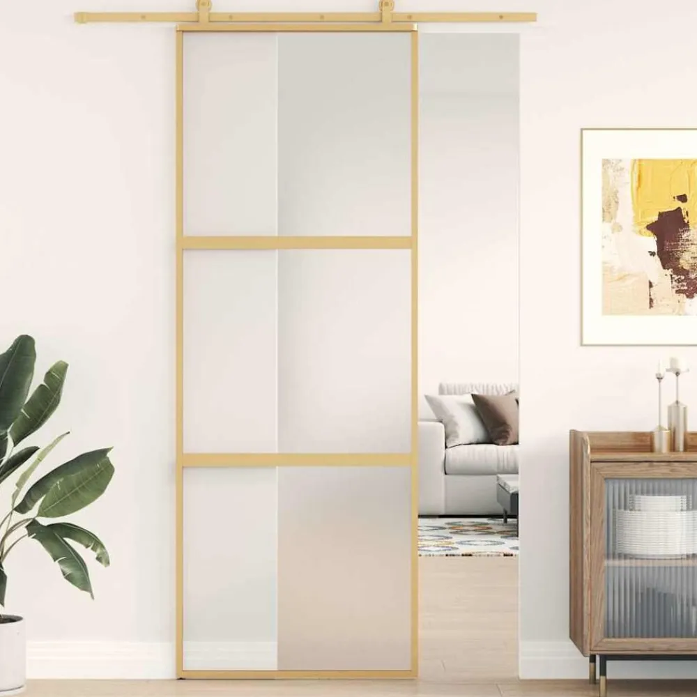 vidaXL Puerta corredera dorada vidrio ESG esmerilado aluminio 76x205cm Dorado y mate Best