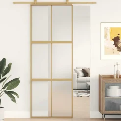 vidaXL Materiales De Construcción-Puerta corredera dorada vidrio ESG esmerilado aluminio 76x205cm
