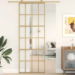 vidaXL Puerta corredera dorada de vidrio ESG transparente y aluminio Dorado Discount