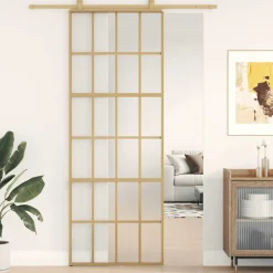 vidaXL Puerta corredera dorada vidrio ESG esmerilado aluminio 76x205cm Dorado y mate Clearance