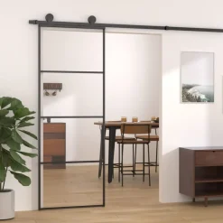 vidaXL Materiales De Construcción-Puerta corredera ESG aluminio y vidrio ESG negra 76x205 cm