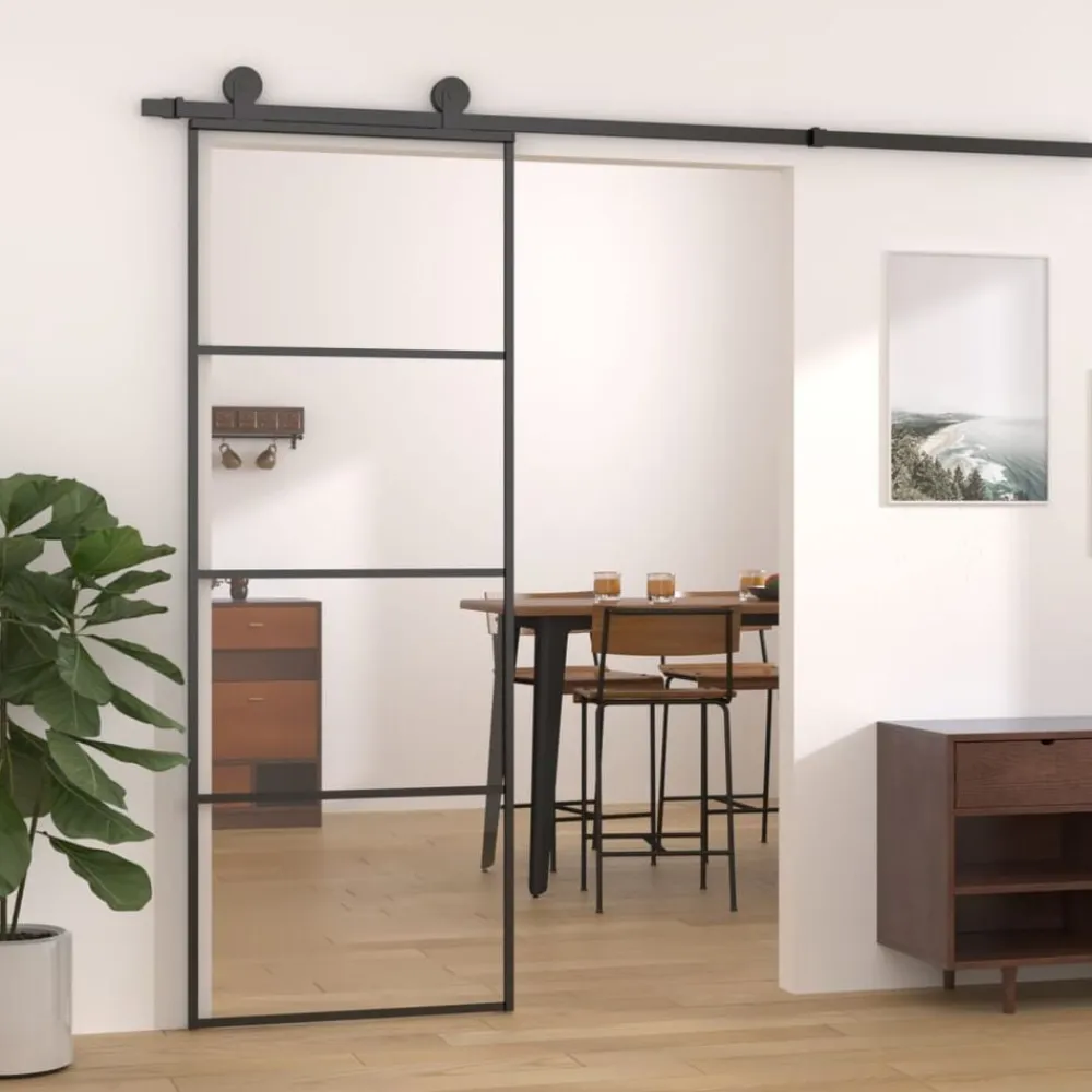 vidaXL Materiales De Construcción-Puerta corredera ESG aluminio y vidrio ESG negra 76x205 cm