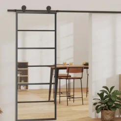 vidaXL Puerta corredera ESG vidrio y aluminio negra 76x205 cm Outlet