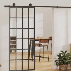 vidaXL Materiales De Construcción-Puerta corredera ESG vidrio y aluminio negra 76x205 cm