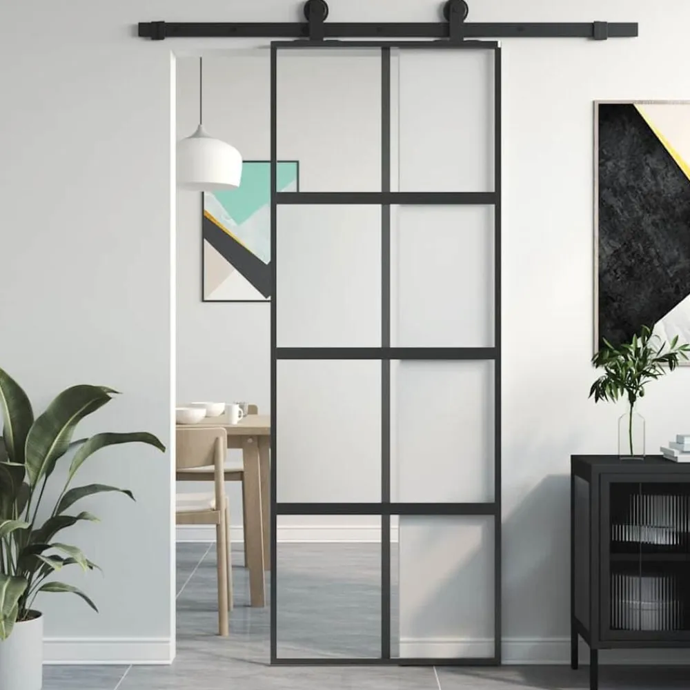 vidaXL Materiales De Construcción-Puerta corredera vidrio templado y aluminio negra 76x205 cm