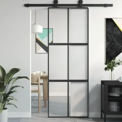 vidaXL Materiales De Construcción-Puerta corredera vidrio templado y aluminio negra 76x205 cm