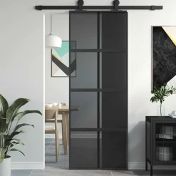 vidaXL Materiales De Construcción-Puerta corredera vidrio templado y aluminio negra 76x205 cm