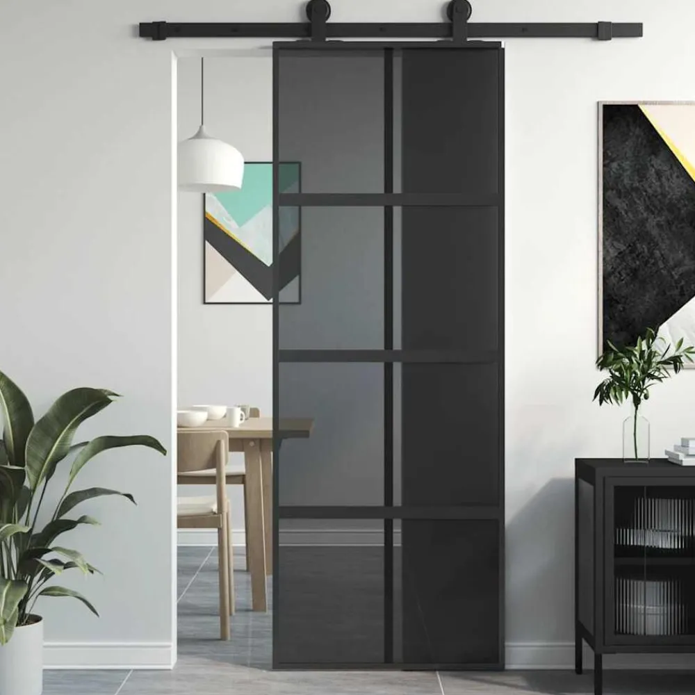 vidaXL Materiales De Construcción-Puerta corredera vidrio templado y aluminio negra 76x205 cm