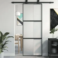 vidaXL Materiales De Construcción-Puerta corredera vidrio templado y aluminio negra 76x205 cm