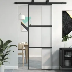 vidaXL Materiales De Construcción-Puerta corredera vidrio templado y aluminio negra 76x205 cm