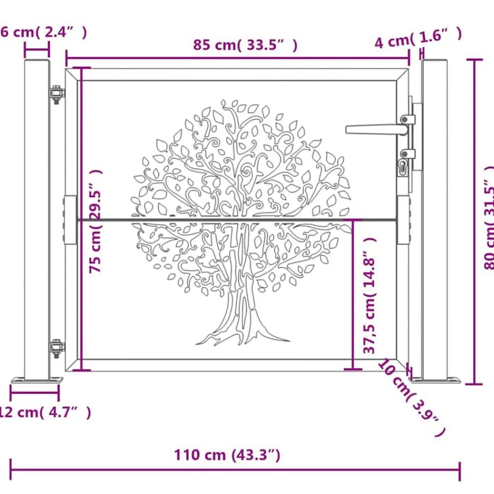 vidaXL Puerta de jardín 100x75 cm de acero corten con diseño de árbol Clearance