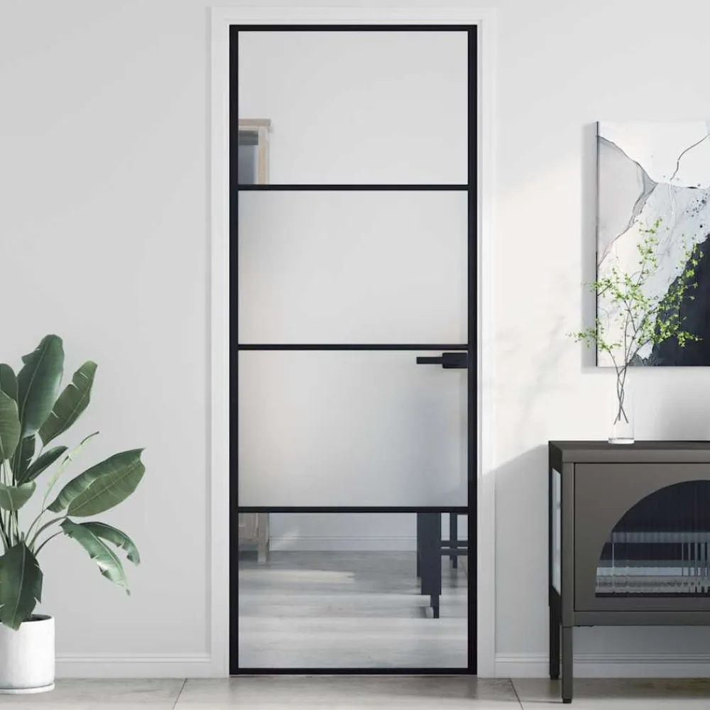vidaXL Materiales De Construcción-Puerta interior delgada negra vidrio y aluminio 76x201,5 cm