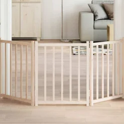vidaXL Puerta para perros plegable 3 paneles madera de abeto 150 cm Natural Sale