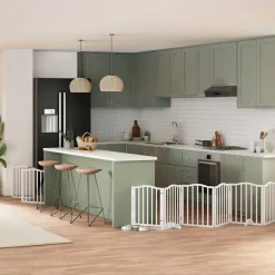vidaXL Productos Para Mascotas-Puerta para perros plegable 9 paneles madera álamo blanca 450cm
