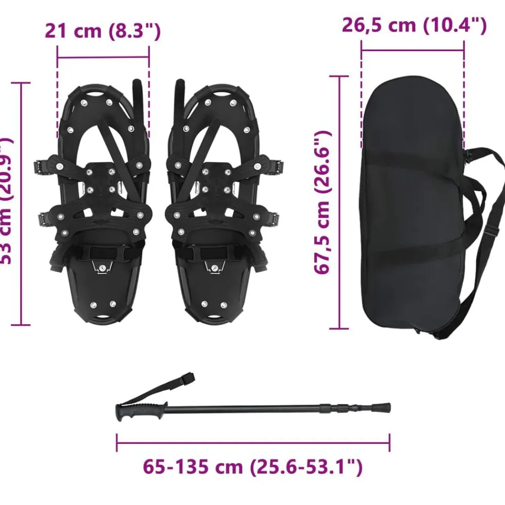 vidaXL Raquetas de nieve 3 en 1 con bastones de senderismo Negro Hot