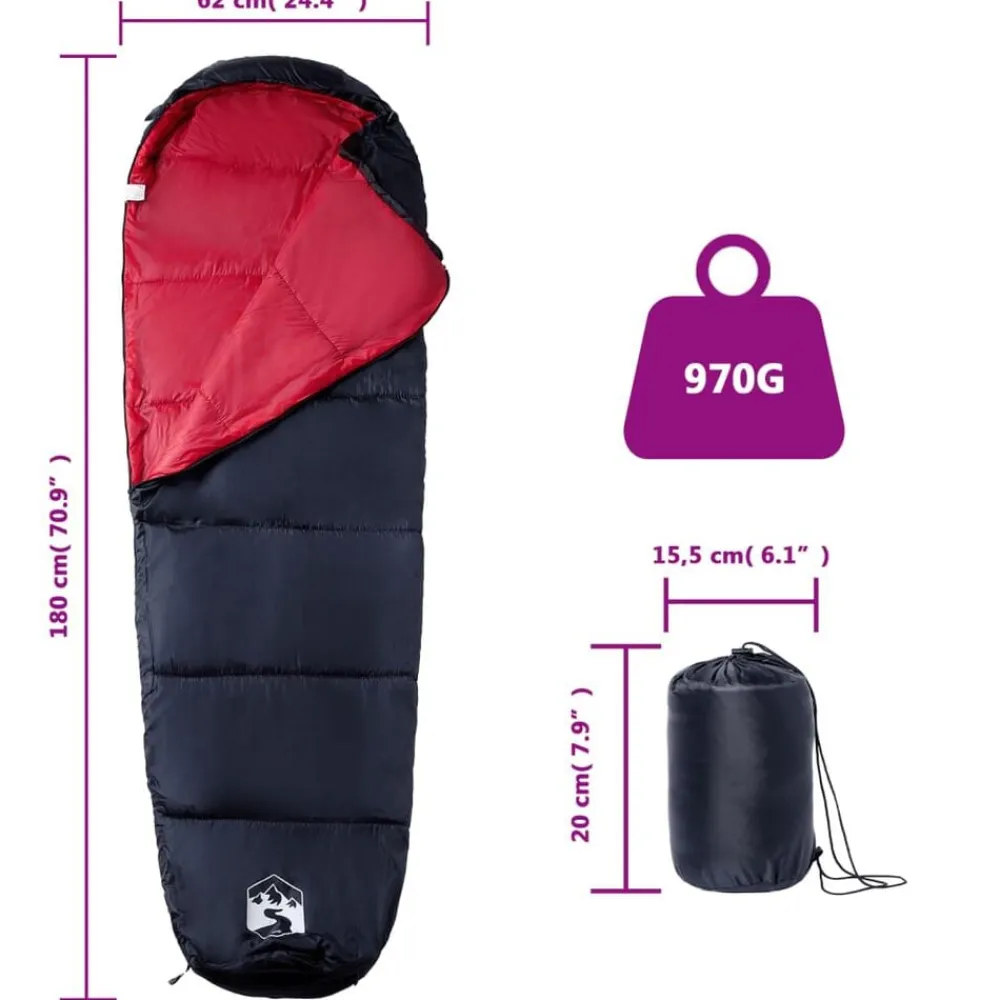vidaXL Saco de dormir tipo momia de camping para adultos 3 estaciones Negro y rojo Outlet