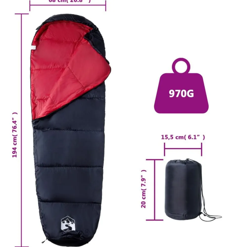 vidaXL Saco de dormir tipo momia de camping para adultos 3 estaciones Negro y rojo Hot