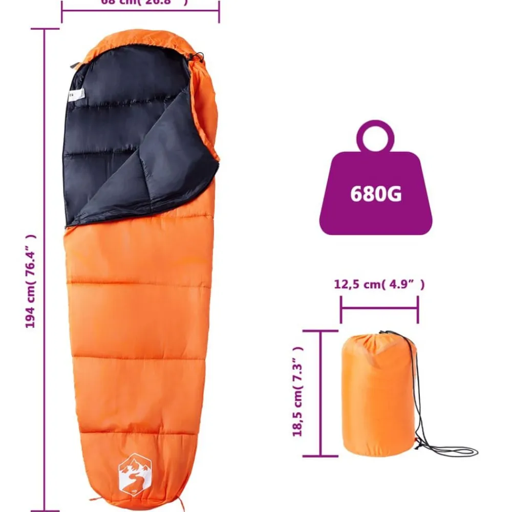 vidaXL Saco de dormir tipo momia de camping para adultos 3 estaciones Naranja y negro Online