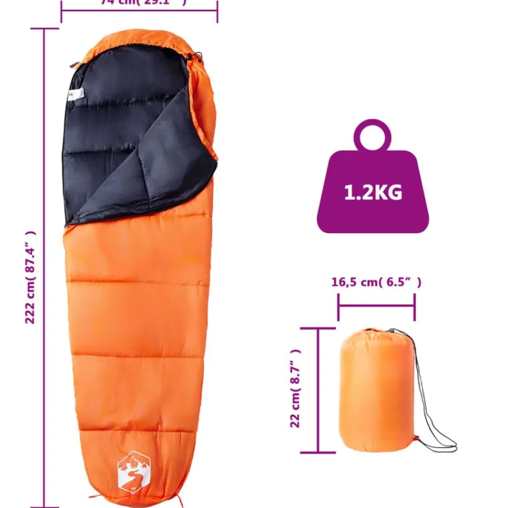 vidaXL Saco de dormir tipo momia de camping para adultos 3 estaciones Naranja y negro Best