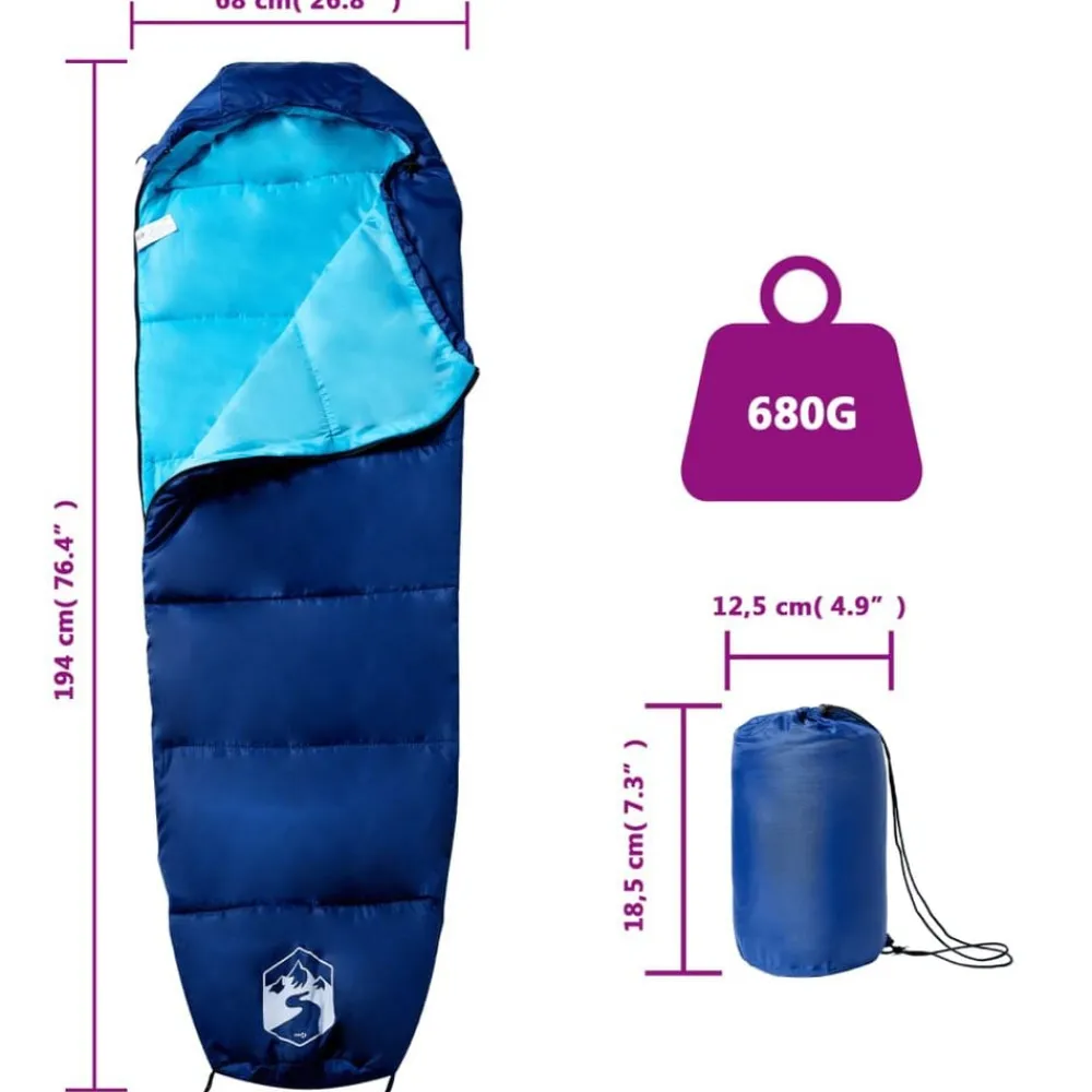 vidaXL Saco de dormir tipo momia de camping para adultos 3 estaciones azul marino y azul Discount