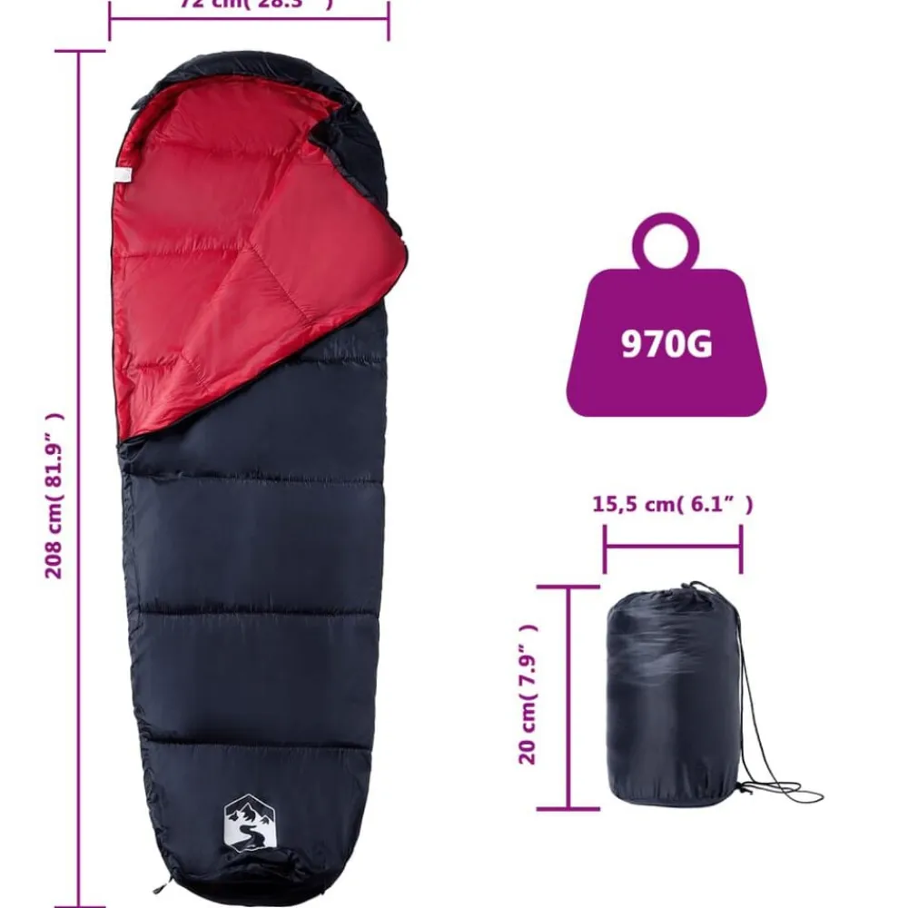 vidaXL Saco de dormir tipo momia de camping para adultos 3 estaciones Negro y rojo Sale