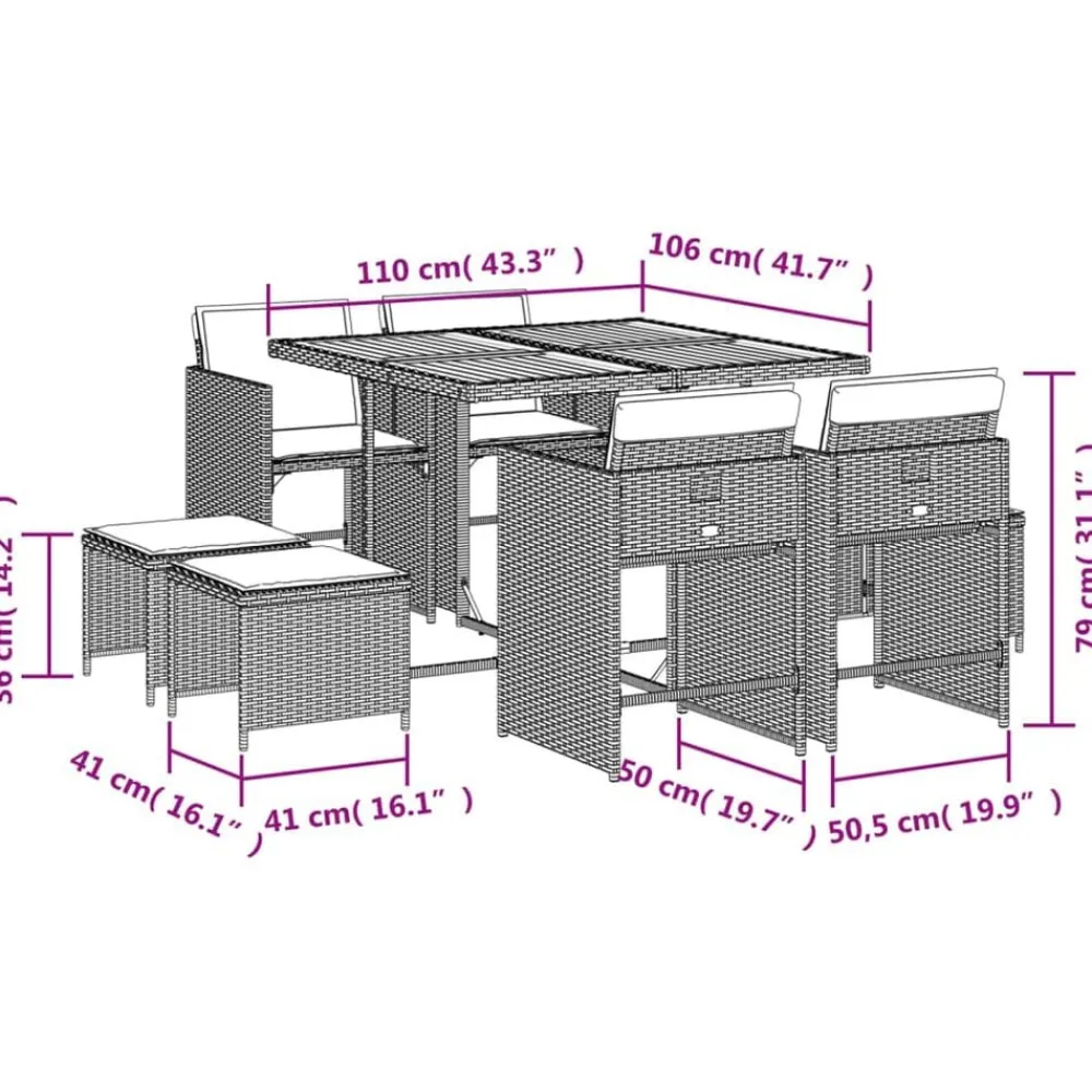 vidaXL Muebles De Jardín-Set comedor de jardín 9 pzas con cojines ratán sintético