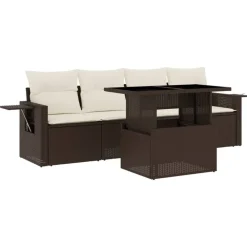vidaXL Set comedor de jardín 5 piezas y cojines ratán sintético marrón Marrón y crema Clearance