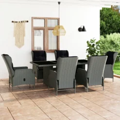 vidaXL Muebles De Jardín-Set comedor jardín 7 pzas y cojines ratán sintético gris claro
