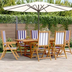 vidaXL Muebles De Jardín-Set de comedor de jardín 7 pzas tela madera maciza azul blanco