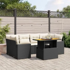 vidaXL Muebles De Jardín-Set de comedor de jardín 7 pzas y cojines ratán sintético negro