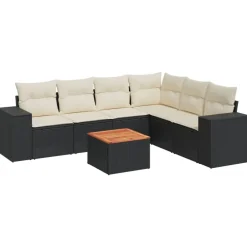 vidaXL Set de comedor de jardín 7 pzas y cojines ratán sintético negro Negro y crema Sale