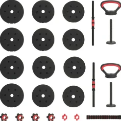 vidaXL Set de Mancuernas, Barra y Kettlebell 4 en 1 20kg 20kg Negro y rojo Clearance