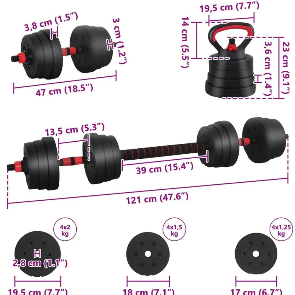 vidaXL Set de Mancuernas, Barra y Kettlebell 4 en 1 20kg 20kg Negro y rojo Clearance