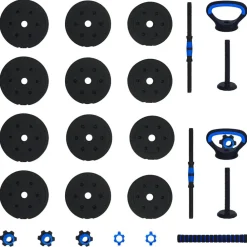 vidaXL Set de Mancuernas, Barra y Kettlebell 4 en 1 20kg 20kg Negro y azul Sale