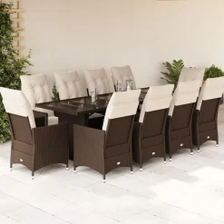 vidaXL Muebles De Jardín-Set de mesa y sillas de jardín 11 pzs y cojines ratán PE marrón