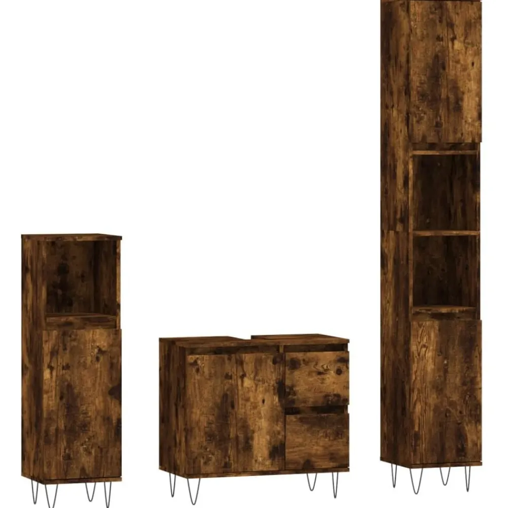 vidaXL Set de muebles baño 3 pzas madera contrachapada Roble ahumado New
