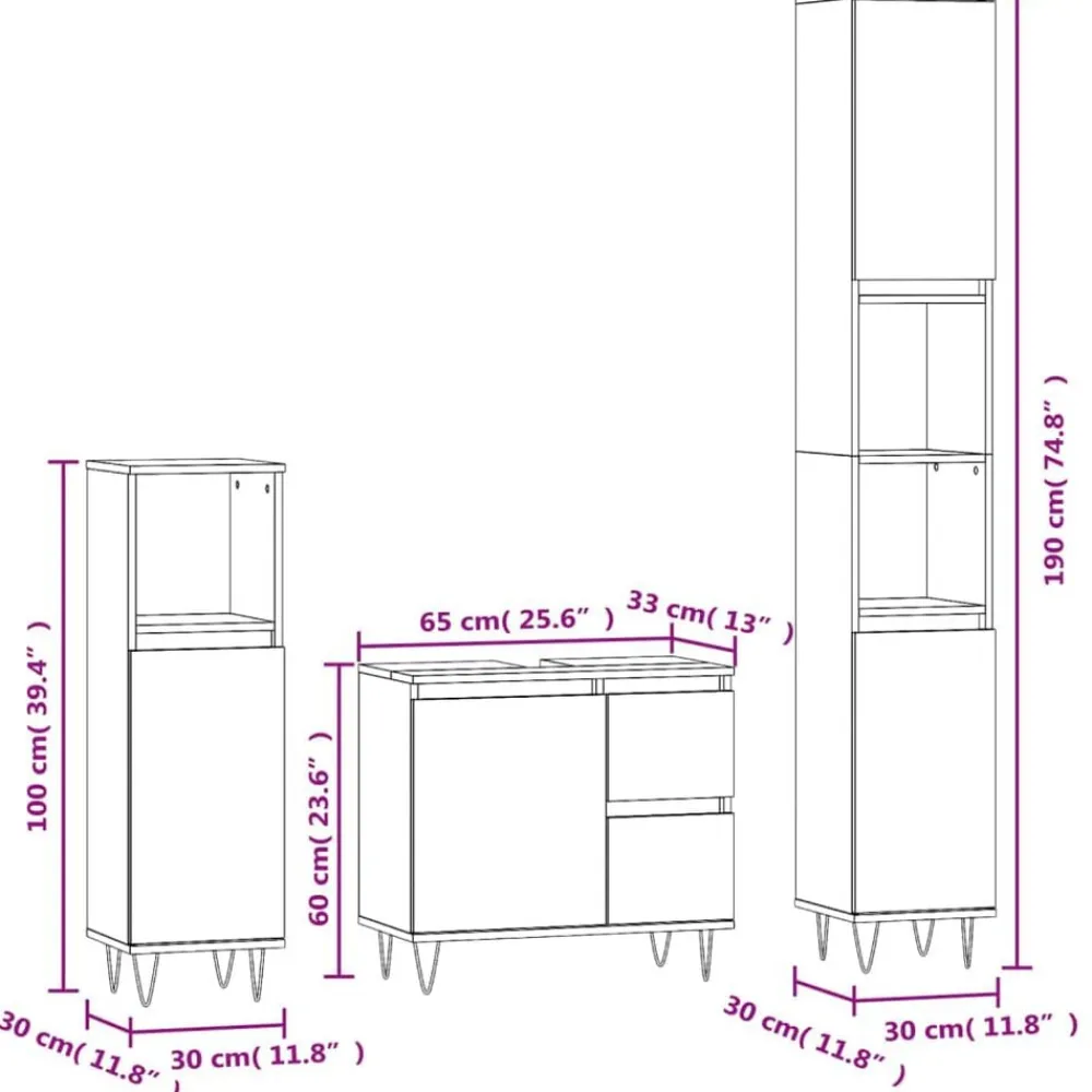vidaXL Set de muebles baño 3 pzas madera contrachapada Roble ahumado New