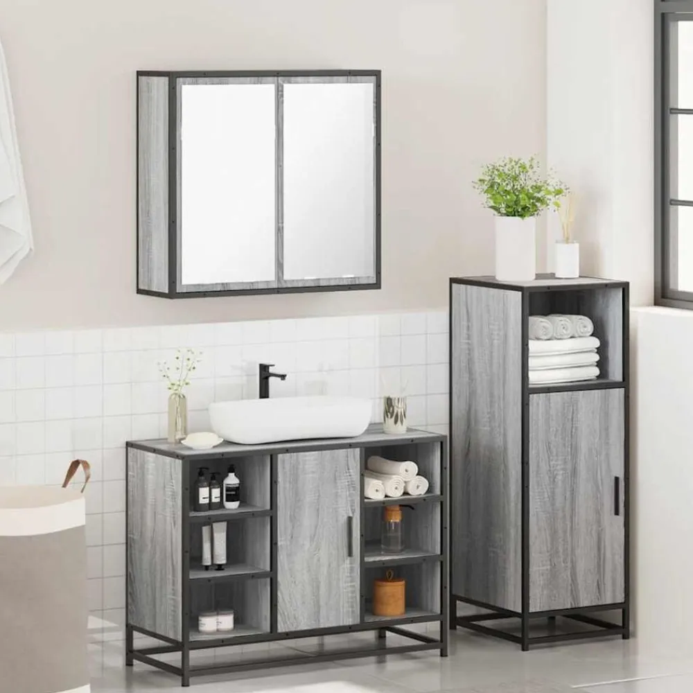 vidaXL Set de muebles de baño 3 pzas madera contrachapada Gris sonoma Clearance