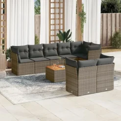 vidaXL Set de muebles de jardín 9 pzas y cojines ratán sintético gris gris y gris oscuro Online